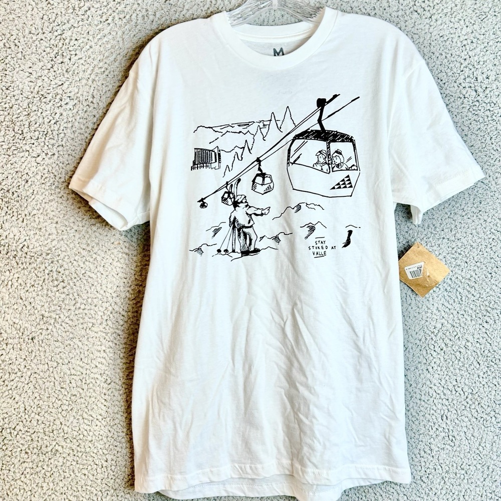 Stoked Surf and Art Brand V/S Valle Ski Sketch Collage T Shirt Size Medium NWT